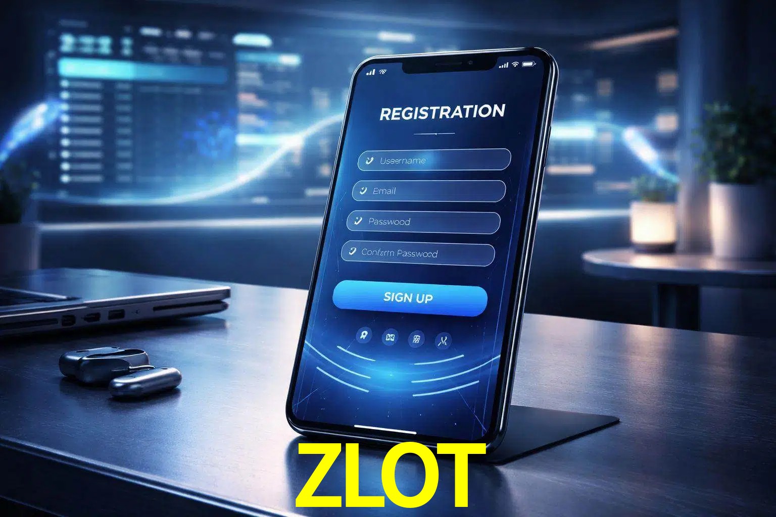 Una interfaz moderna de registro móvil para ZLOT mostrada en un smartphone con un panel de apuestas elegante.